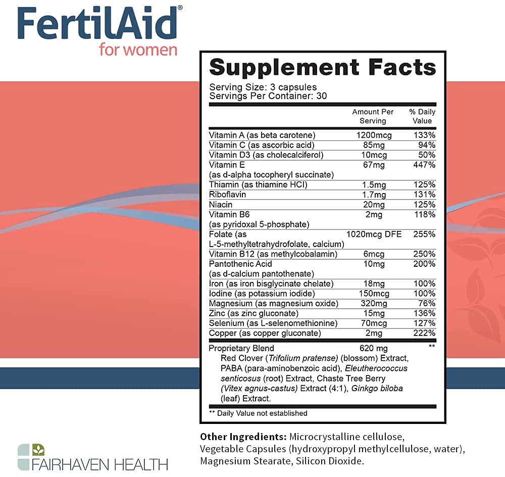 FertilAid for Women, Fertility Supplement for Women & Natural Fertility Vitamin with Vitex, Support Female Cycle Regularity & Ovulation, Comprehensive Prenatal Multivitamin with Folate, 3 Month Supply