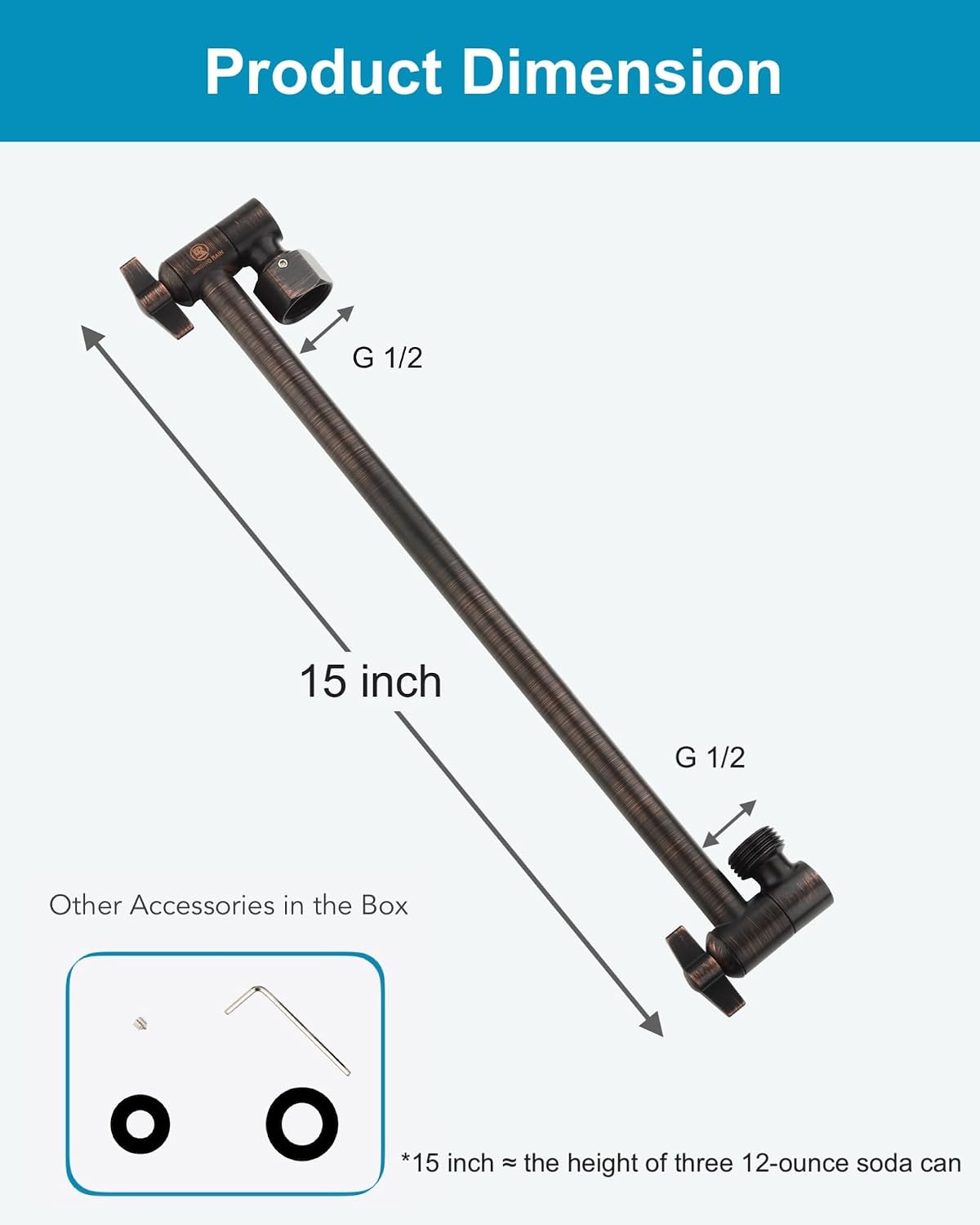 15 Inch Extra Long Adjustable Shower Head Extension Arm With Locking Set Screw, Singing Rain 304 Stainless Steel Angle Height Adjustable, G1/2 Universal Connector Compatible (Oil Rubber Bronze)