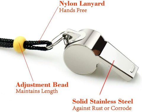 Whistle, 2 Pack Stainless Steel Sports Whistles with Lanyard, Loud Crisp Sound Whistles Great for Coaches, Referees, and Officials