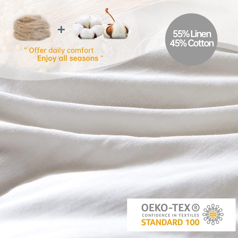 Simple&Opulence French Linen Duvet Cover Set 88" x 92"- 3 Pieces (1 Comforter Cover,2 Pillowcases)- Natural Flax Cotton Blend-Solid Color Breathable Farmhouse Bedding-Off White, Queen