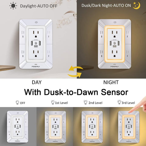 Multi Plug Wall Outlet Night Light, POWRUI 6 Outlet Extender & 3 USB Ports