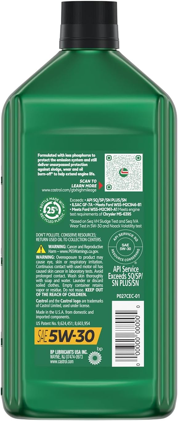 Castrol GTX High Mileage 5W-30 Synthetic Blend Motor Oil, 1 Qt, Pack of 6