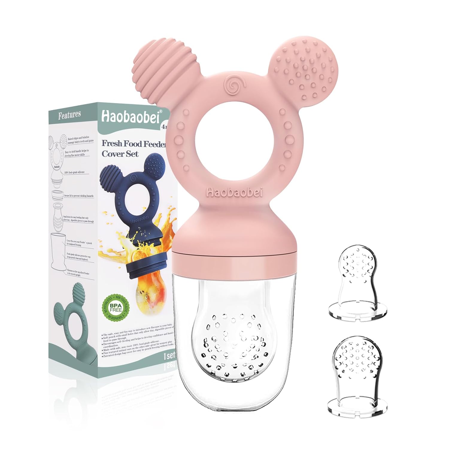 Baby Fruit Feeder, Frozen Teething Toys, Teether Pacifier with 3 Extra Teats, Infant Eating Essentials, BPA Free Baby Feeding Supplies (Pink)