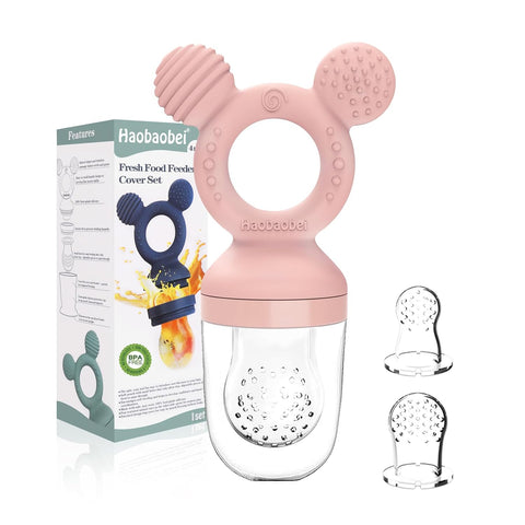 Baby Fruit Feeder, Frozen Teething Toys, Teether Pacifier with 3 Extra Teats, Infant Eating Essentials, BPA Free Baby Feeding Supplies (Pink)