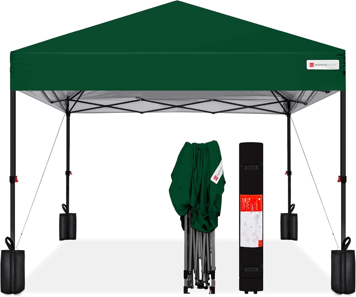Best Choice Products 8x8ft Pop Up Canopy Tent, Outdoor Shade, 1 Person 1 Minute Set Up, Carry Case, 4 Weight Bags - Forest Green