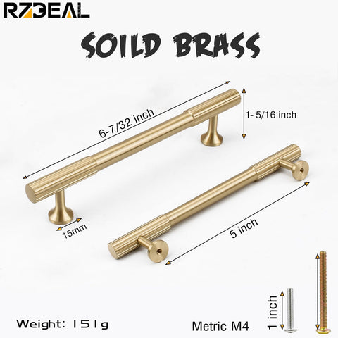 RZDEAL 4pcs Solid Brass Gold Cabinet Pulls, 5-Inch Hole Centers for Kitchen Cupboard Handles Modern Drawer Pulls Bathroom Brushed Brass Cabinet Pulls Wardrobe Door Handles