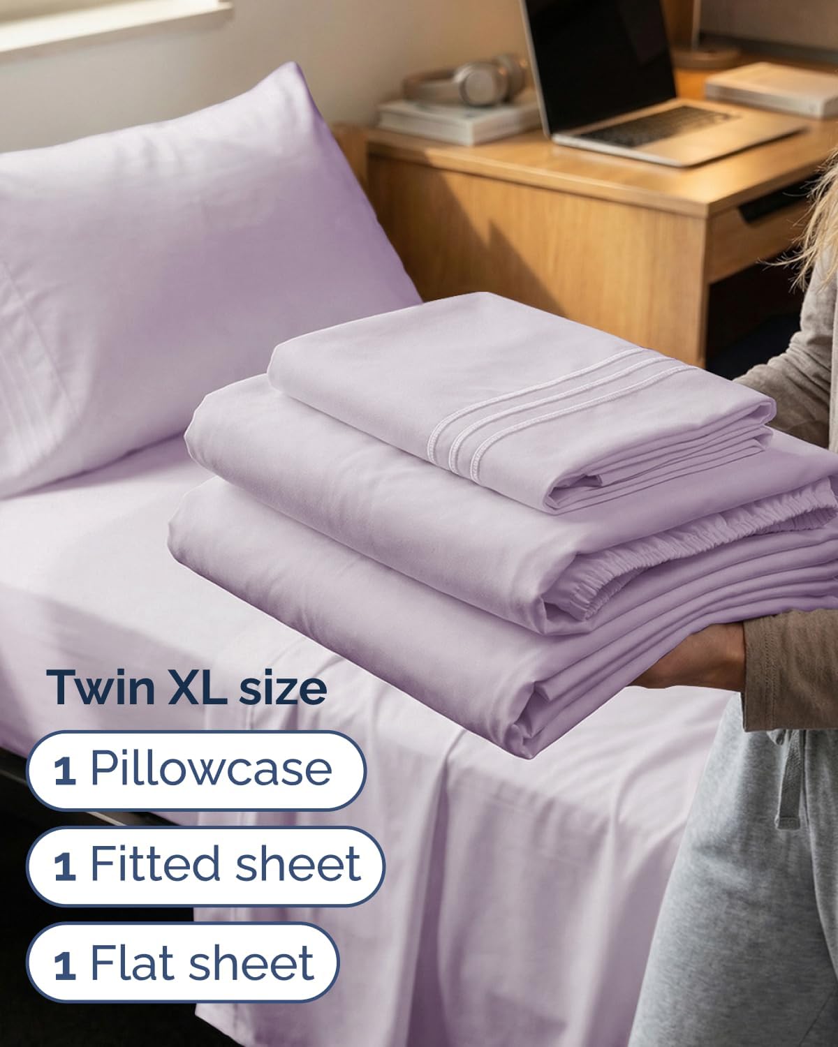 Twin XL 3 Piece Sheet Set - College Dorm Room Essentials - Light Lavender