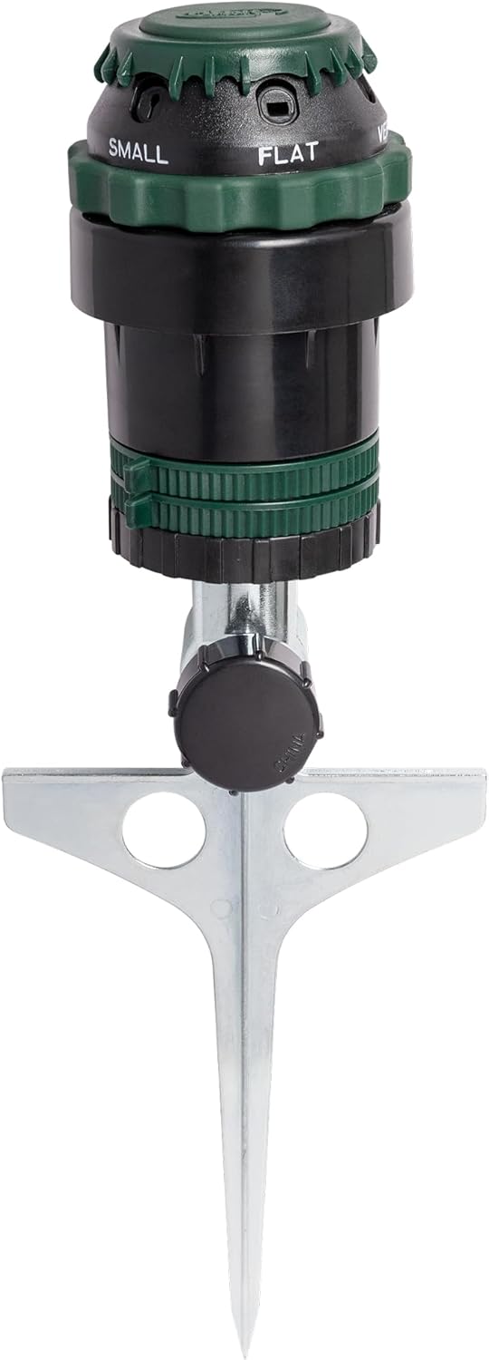 Orbit H2O-Six Gear-Drive Sprinkler on Metal T-Spike - Customizable Lawn Watering Coverage - Multi-Pattern Rotating Head with Adjustable Spray Range - Durable Outdoor Yard Irrigation Sprinkler - 58573