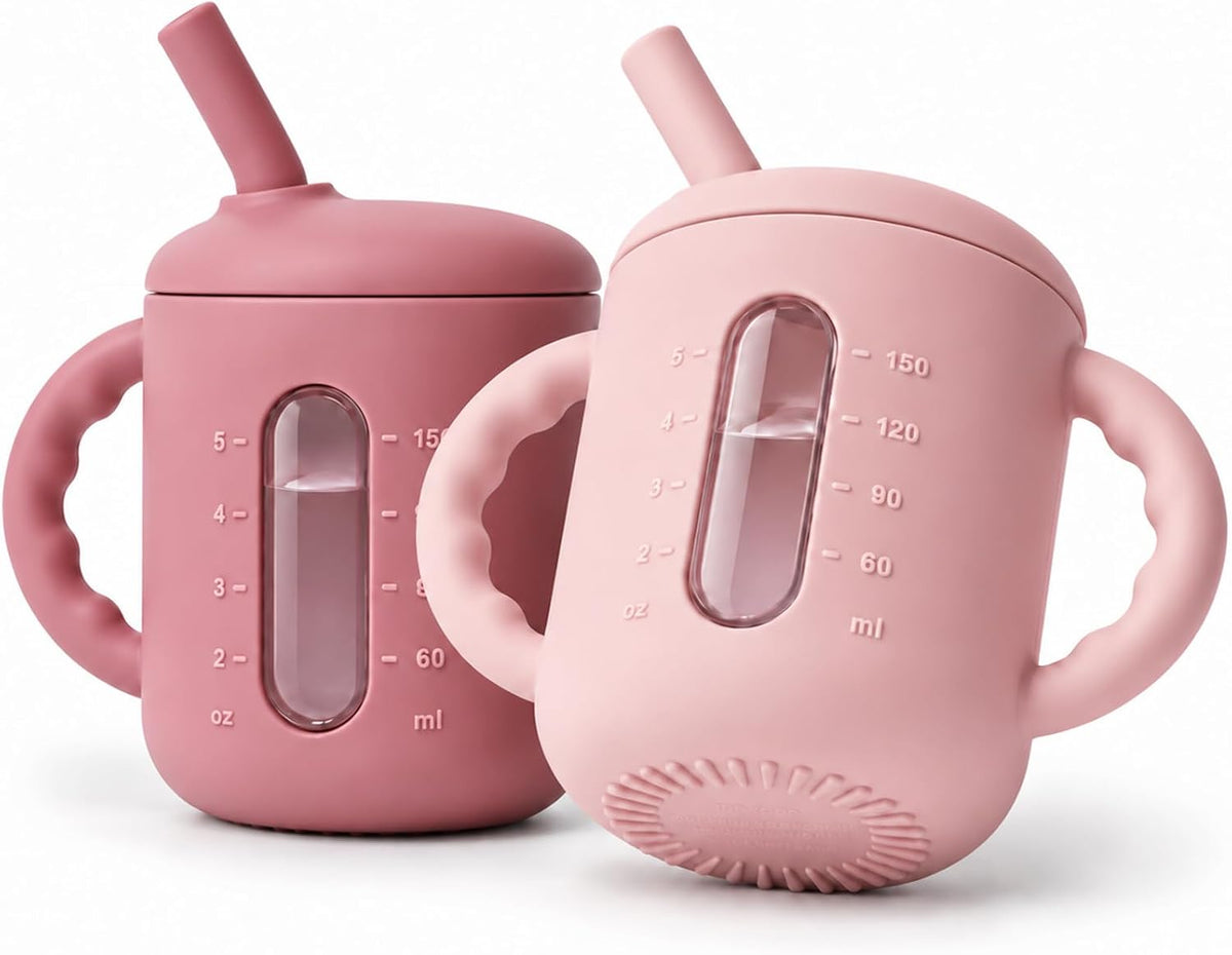 Seposeve 2 Pack Silicone Sippy Cups for Babies 6+ Months, 6 oz Straw Training Cups with Handles, Leak-Resistant Bite-to-Sip Valve, Liquid Level Window, BPA-Free, Purple Pink