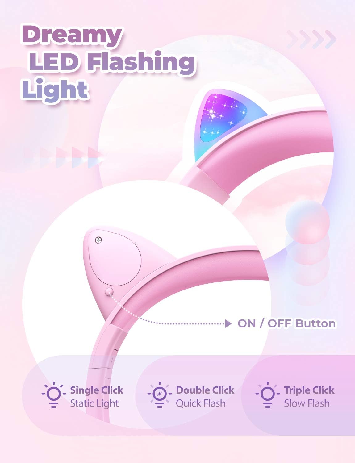 iClever HS20 Kids Headphones for Toddler Girls, Cat Ear LED Light Up School