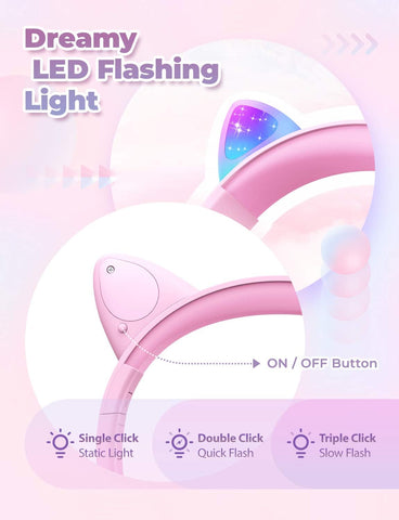 iClever HS20 Kids Headphones for Toddler Girls, Cat Ear LED Light Up School