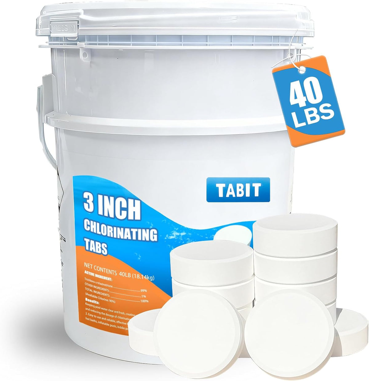 Chlorine Tablets 3 inch 40 Pounds, TABIT Swimming Pool Long Lasting Chlorinating Tablets, Slow Dissolving, Tri-Chlor for Swim Pool, Hot Tubs, Spa