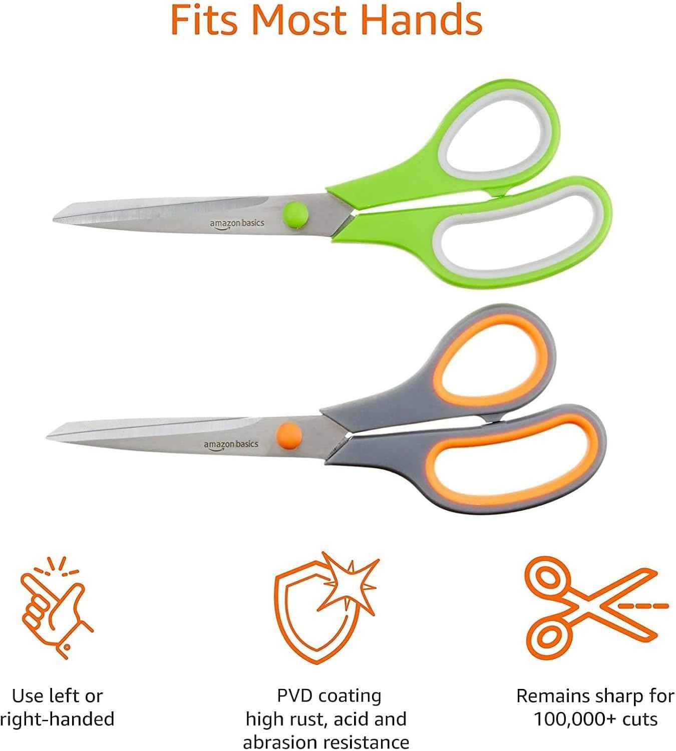 Amazon Basics Multipurpose Stainless Steel Scissors for Office, Crafts, Paper Cutting, Fabric Cutting, Right/Left Handed, Comfort Grip, PVD Coated, 2-Pack, Green and Grey