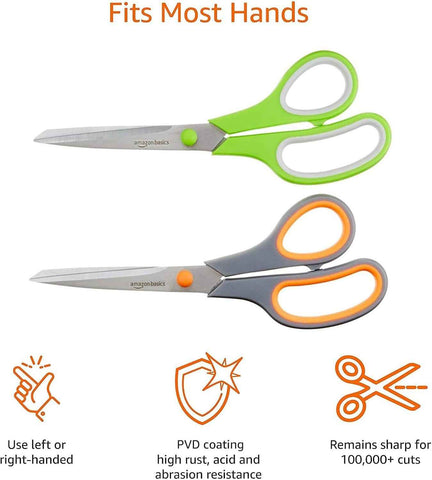 Amazon Basics Multipurpose Stainless Steel Scissors for Office, Crafts, Paper Cutting, Fabric Cutting, Right/Left Handed, Comfort Grip, PVD Coated, 2-Pack, Green and Grey