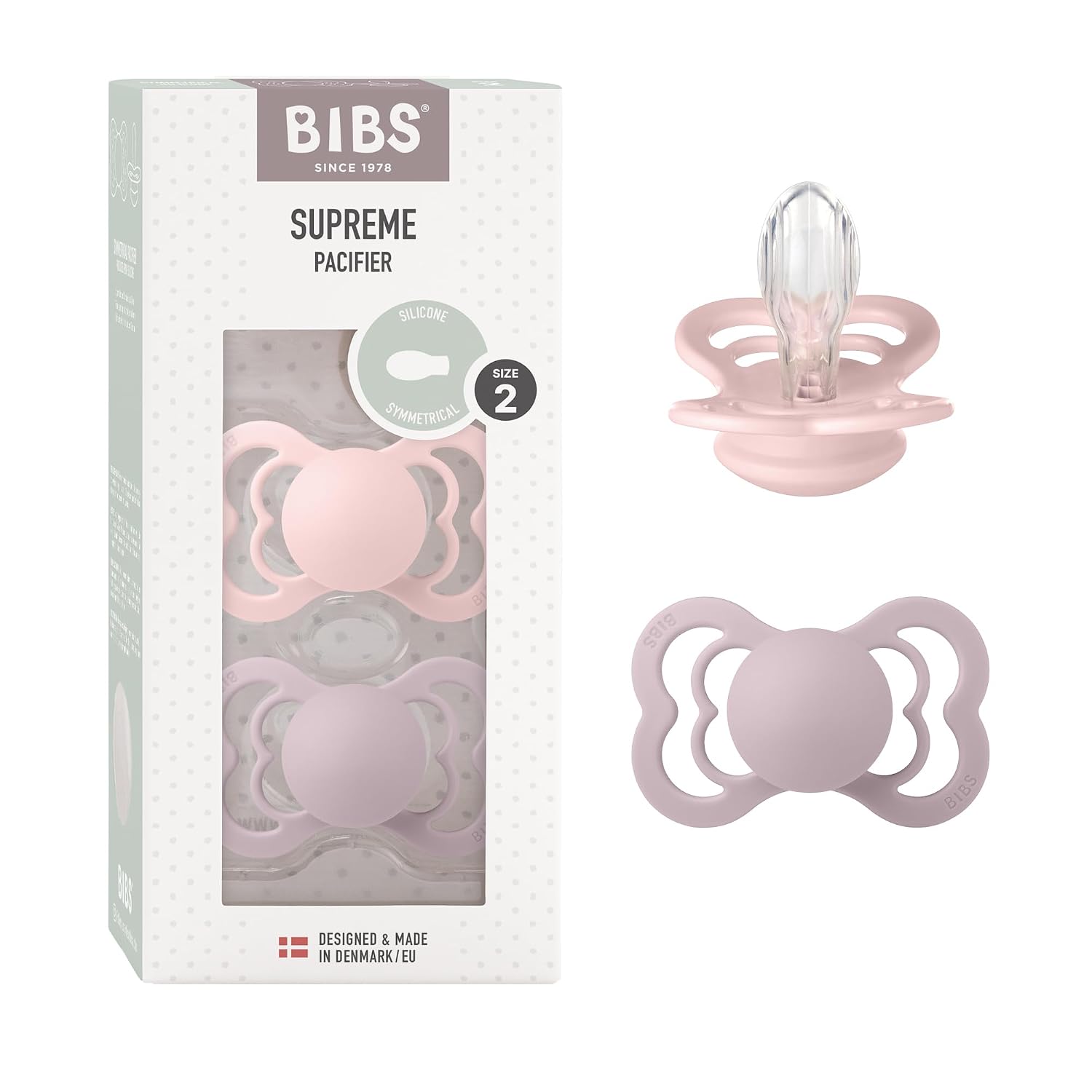 BIBS Supreme Baby Pacifier 2-Pack | Made in Denmark | BPA Free Dummy Soother, Symmetrical Nipple. Silicone, Size 1 (0-6 Months), Blush Glow/Vanilla Glow