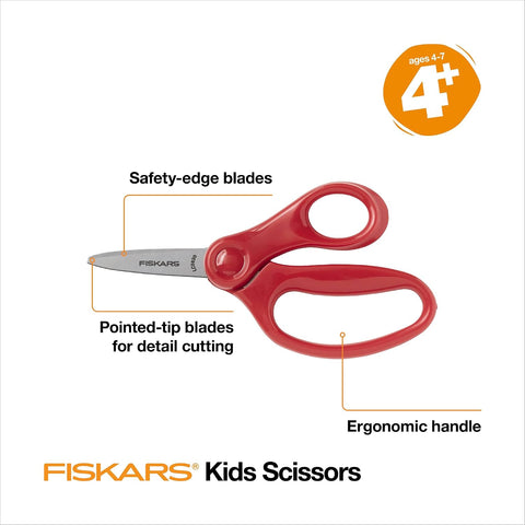 Fiskars 5" Pointed-Tip Kids Scissors, Age 4-7, Red, Blue, Turquoise, 3-Pack