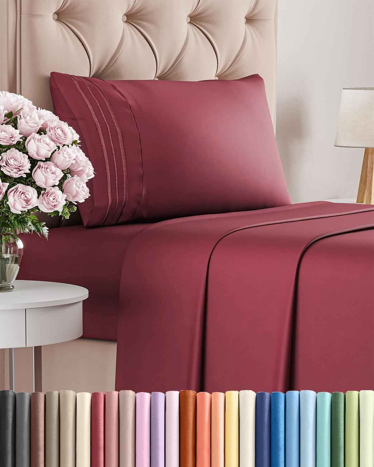 Twin Size 3 Piece Sheet Set - Comfy Breathable & Cooling Sheets - Burgundy