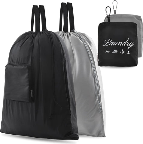 2 Pcs JHX Travel Laundry Bags, Dirty Clothes Organizer【Upgraded】with Handles and Aluminum Carabiner for Travel, Camp, Fitness, and Students (Black&Grey) 24"L x 21"W