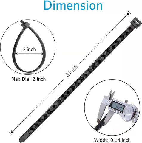 Zip Ties 8 inch (1000 Pack), 40lbs Tensile Strength, Black Cable Ties, Wire Ties for indoor and outdoor use, by Skalon