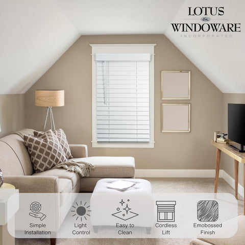 Lotus & Windoware 2" Embossed Faux Wood Blind, 11" x 72", Bright White