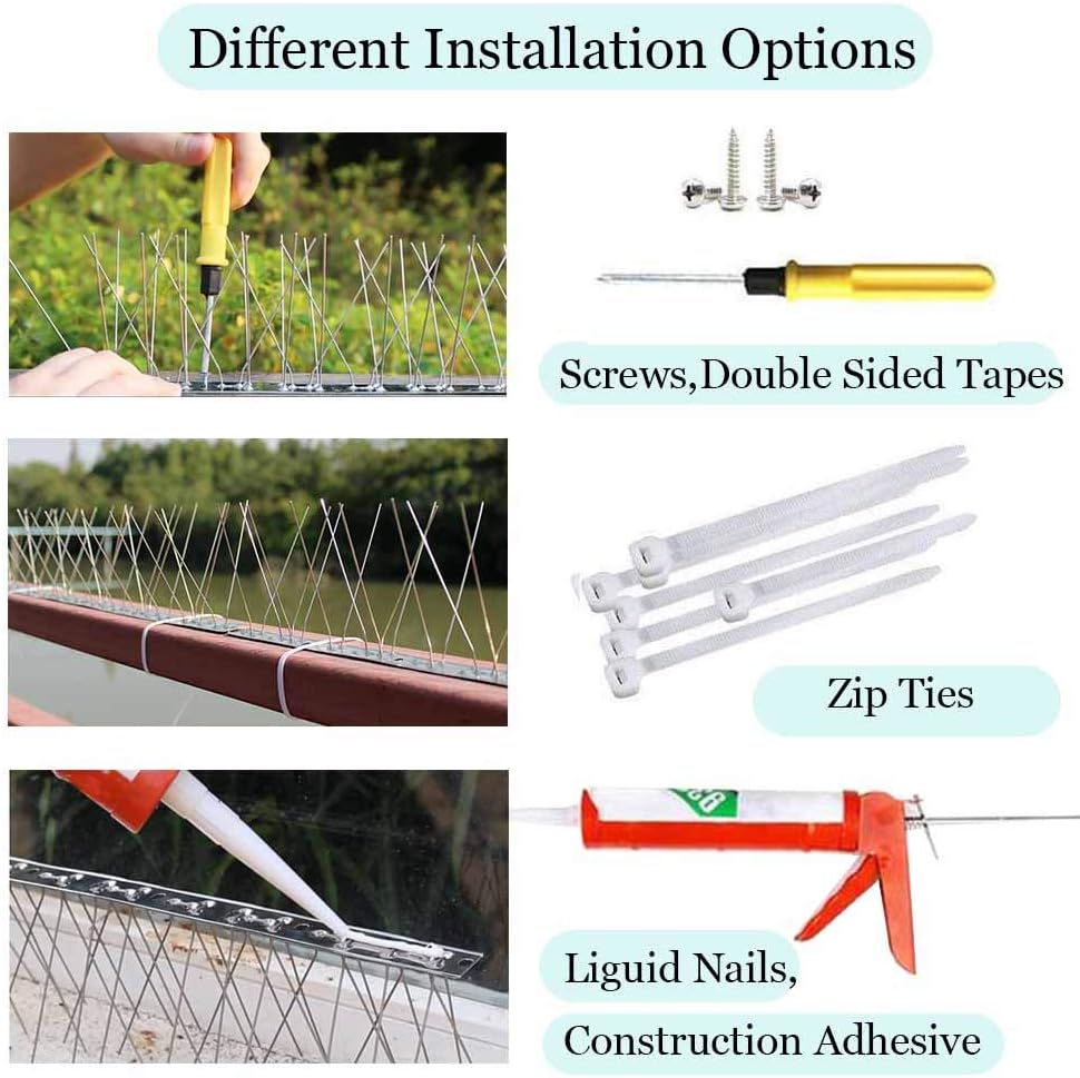 PANGCH Bird Spikes,Stainless Steel Bird Spikes Metal Bird Spikes Fence Spikes Easy to Install - 5 Strips 4.1 Feet Coverage