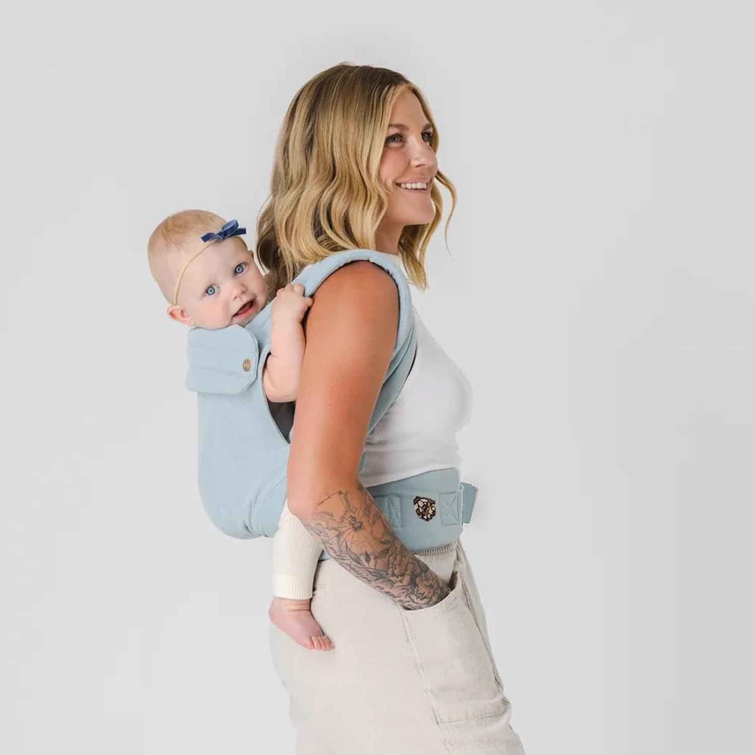 Mabē Monarch Ergonomic Baby Carrier – Premium Cotton Soft Structured Newborn to Toddler Carrier with Hip-Healthy Design, 3 Carry Positions (9-46 lbs), Lightweight & Breathable, (Dream Wash Denim)