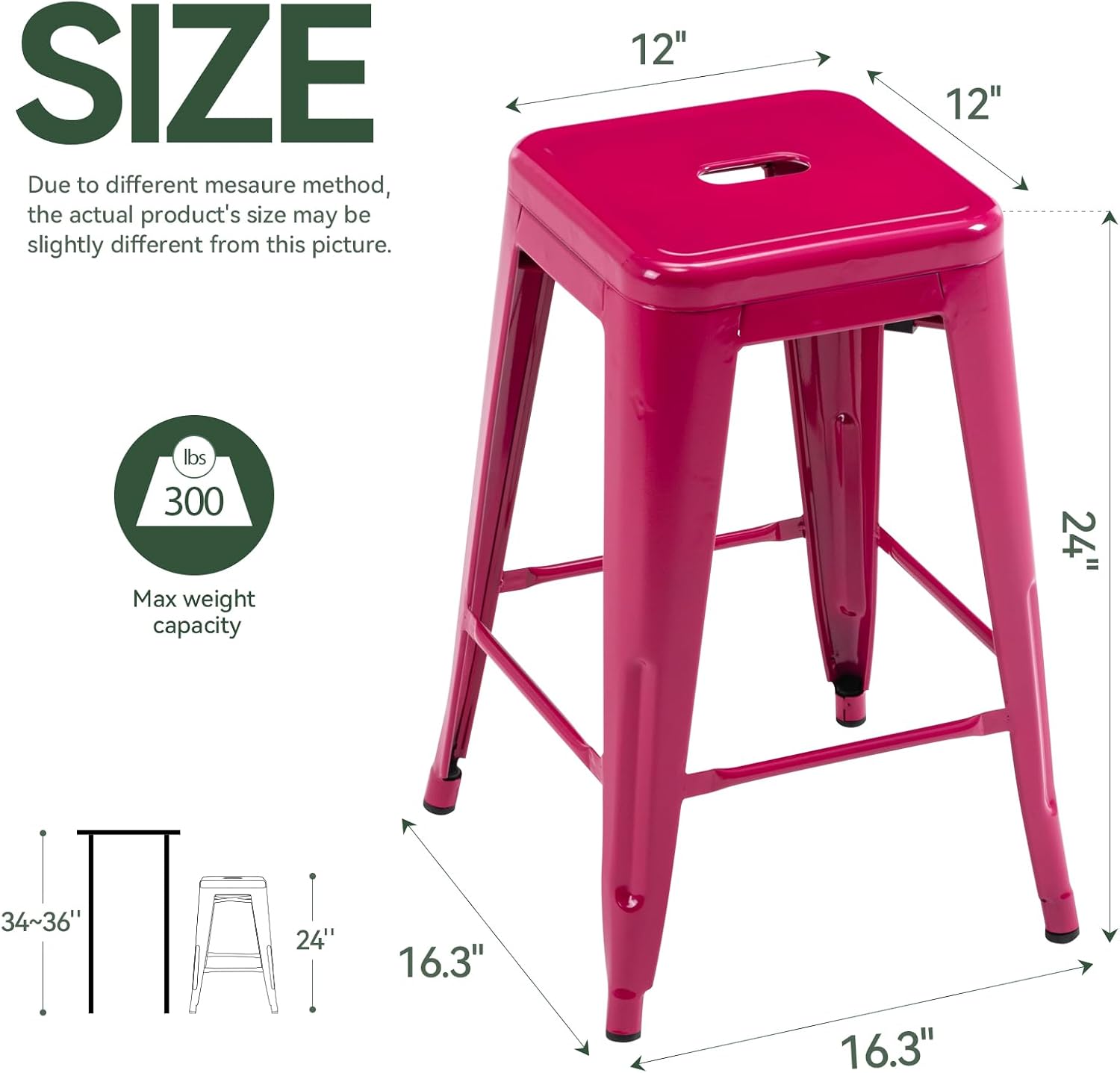 24 Inch Metal Bar Stools Set of 2, Stackable for Indoor Outdoor, Hot Pink