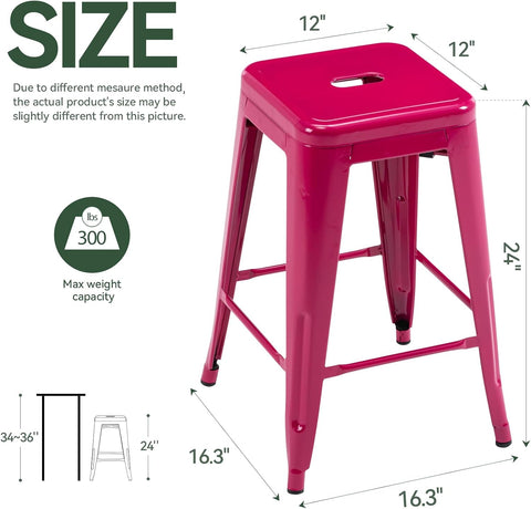 24 Inch Metal Bar Stools Set of 2, Stackable for Indoor Outdoor, Hot Pink
