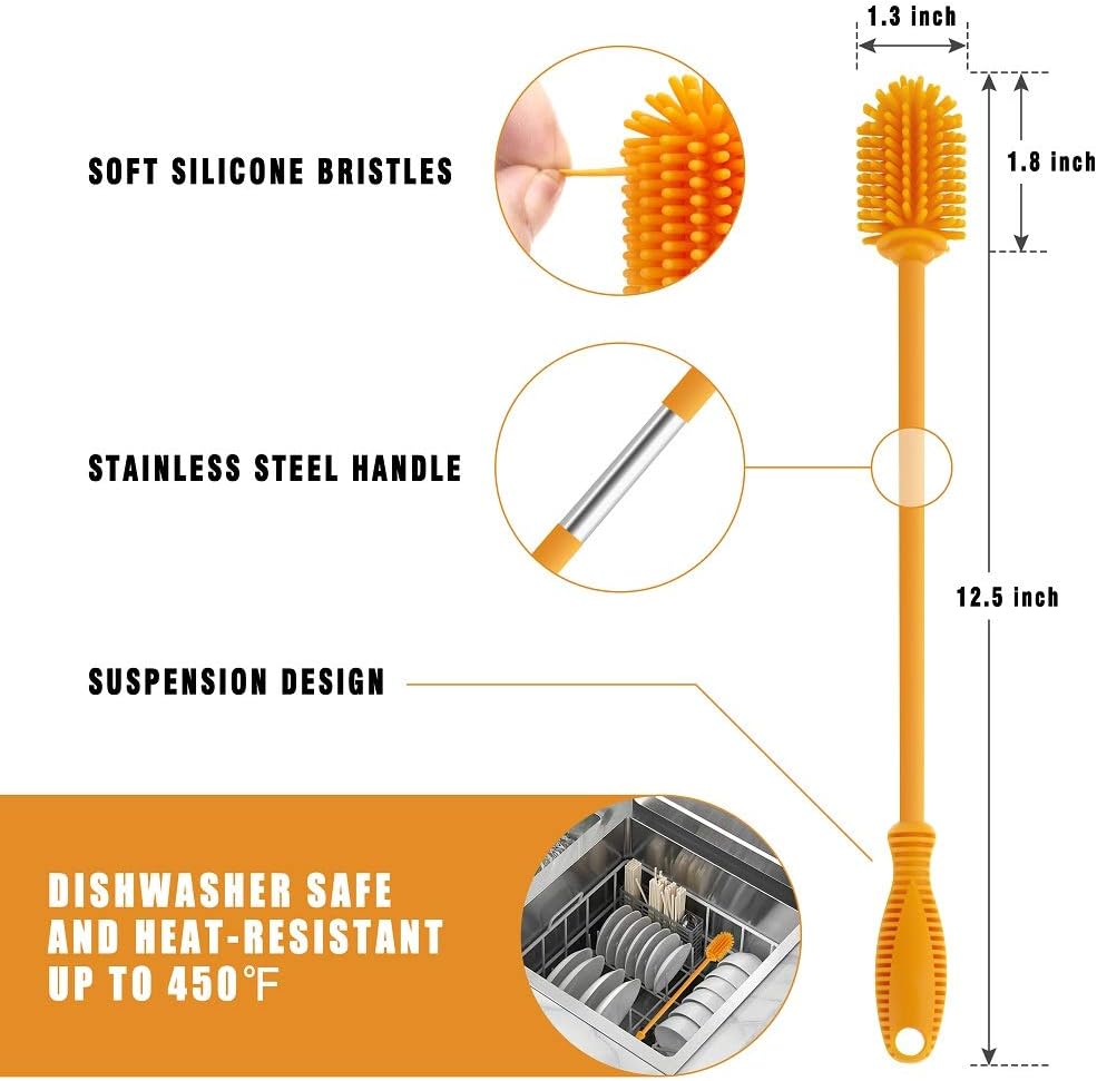 Silicone Bottle Brush with Long Handle, 12.5" Bottle Cleaning Brush, Orange