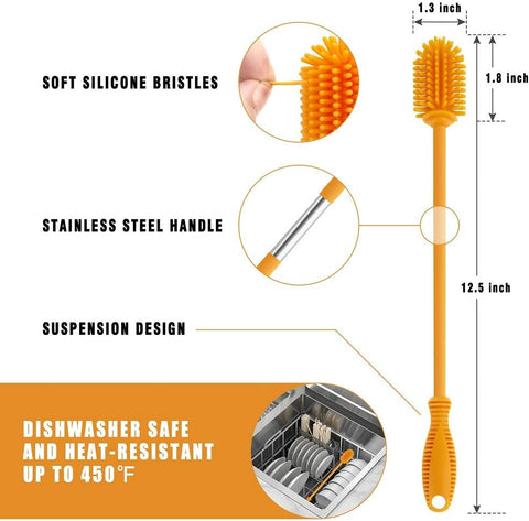 Silicone Bottle Brush with Long Handle, 12.5" Bottle Cleaning Brush, Orange