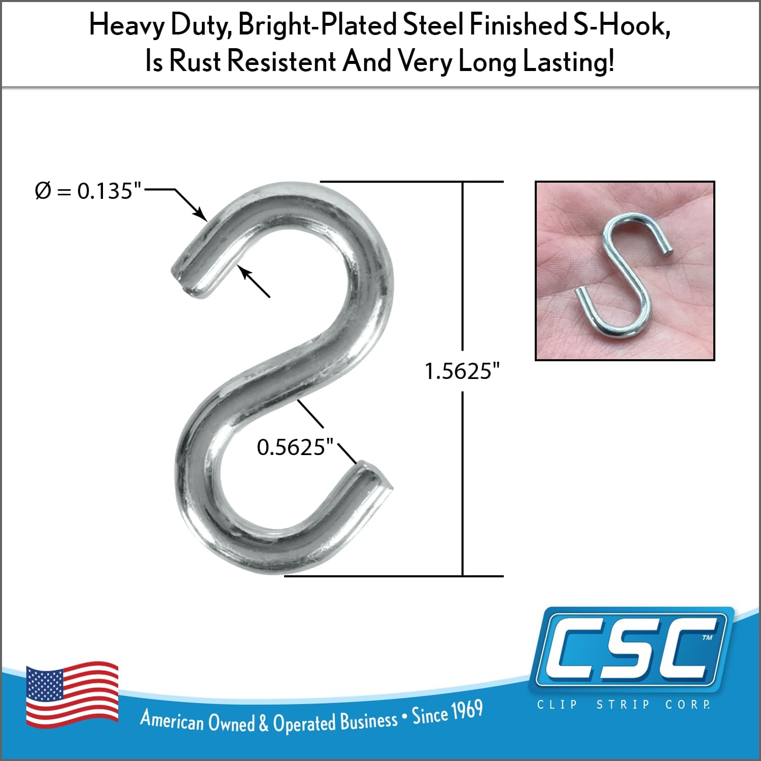 Clip Strip 100 Pack S Hooks, Heavy Duty, 1.625" L x 0.135" Diameter S Shaped Hook for Hanging Signs, Displays, Products on Racks, in Retail, Hang Plants, Curtains, Jewelry, Kitchenware, in Household