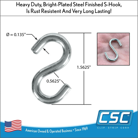 Clip Strip 100 Pack S Hooks, Heavy Duty, 1.625" L x 0.135" Diameter S Shaped Hook for Hanging Signs, Displays, Products on Racks, in Retail, Hang Plants, Curtains, Jewelry, Kitchenware, in Household