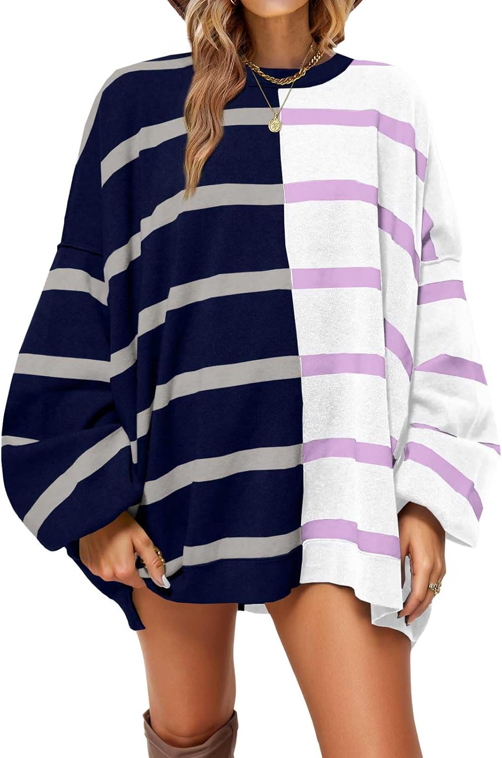 Fisoew Womens Striped Pullover Sweater Crew Neck Long Sleeve Loose Sweaters