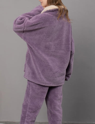 Women's Fluffy Loungewear Sleepwear Lounge Casual Pajamas Sets Loose Long Sleeve Fleece Pullover and Pants Set