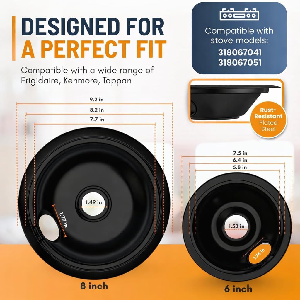 Electric Stove Drip Pans Set of 4 (2 x 6-Inch & 2 x 8-Inch) Replacement Stove Drip Pans for Electric Stove Compatible with 318067041 & 318067051, Frigidaire, Kenmore, Tappan & More