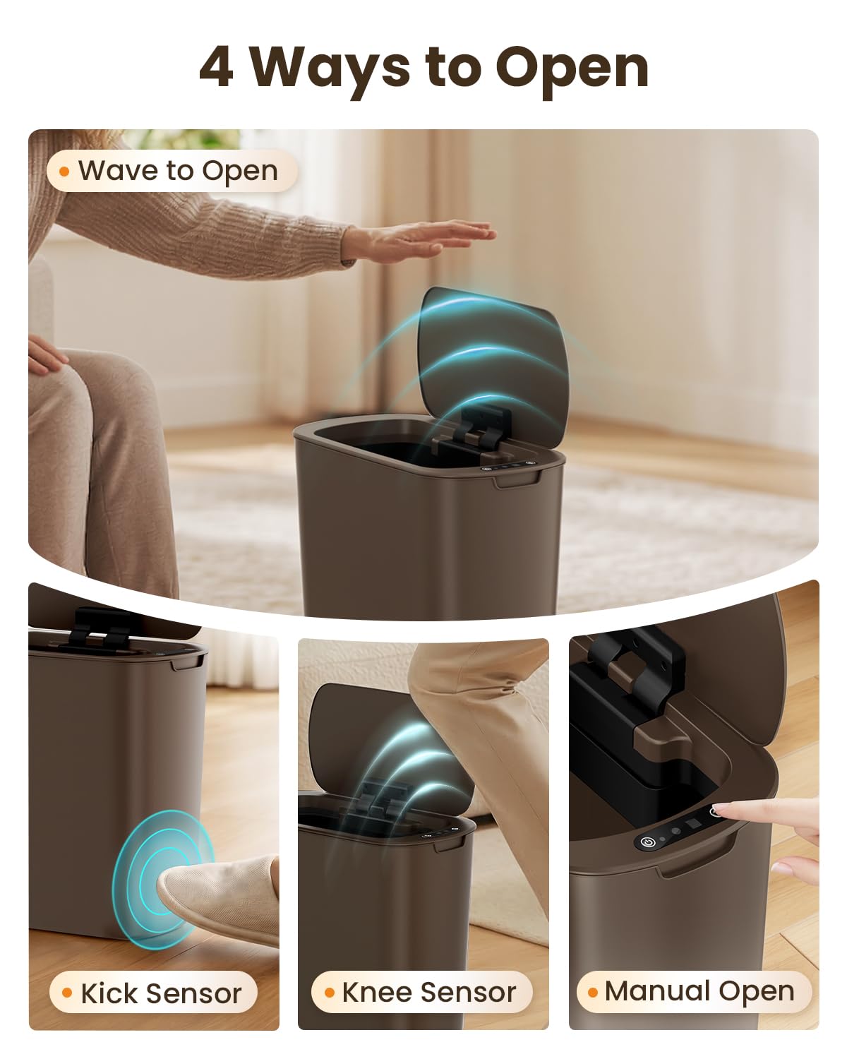 Cesun 5 Gallon Automatic Bathroom Trash Can with Lid, Brown, Touchless