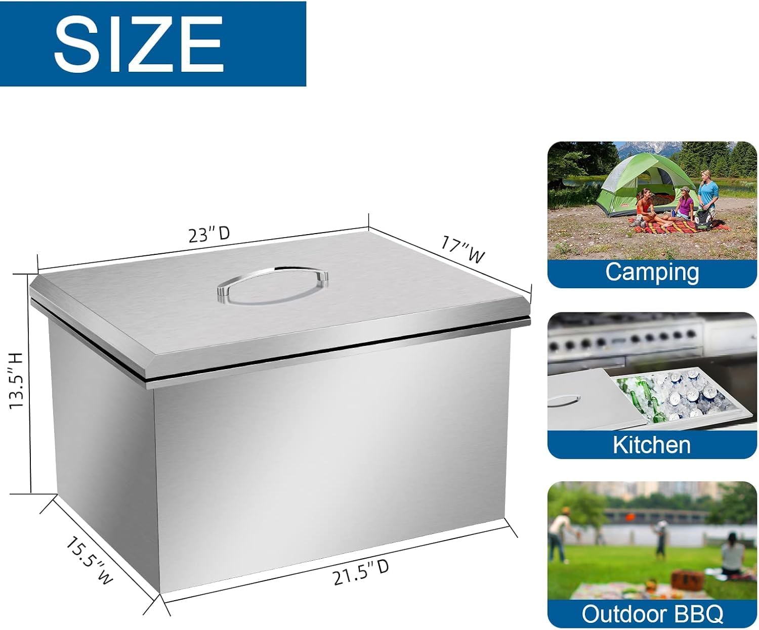 Drop in Ice Chest, Ice Cooler with 304 Stainless Steel Cover Drop in Ice Bin Included Drain-Pipe and Drain Plug for Cold Wine Beer