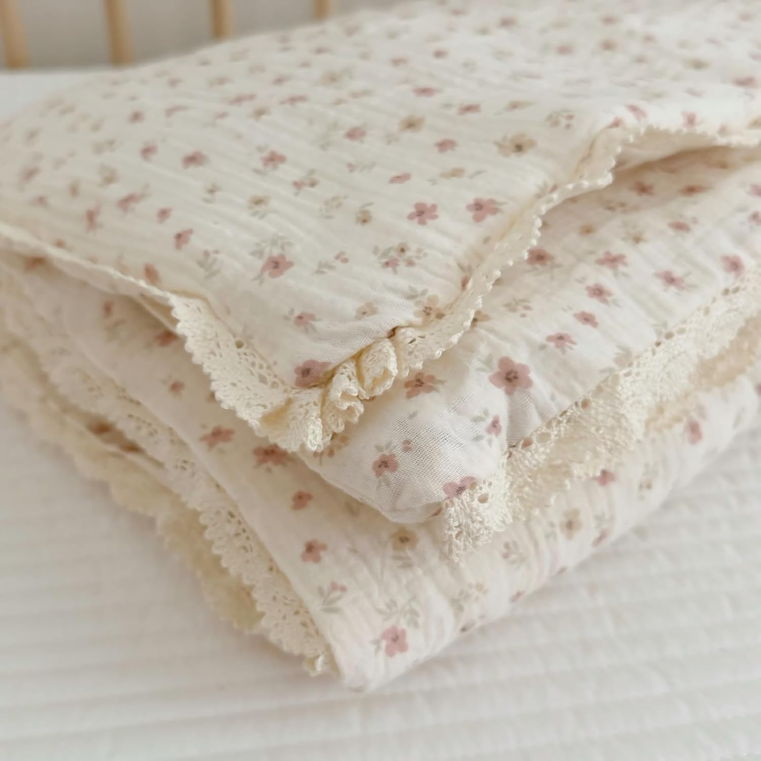BuLuTu Cotton Muslin Toddler Quilt Blanket for Girls Boys Cute Pink Floral Toddler Quilts Soft Lightweight Crib Blankets Children Bed Blankets, Machine Washable, 47x59 Inches