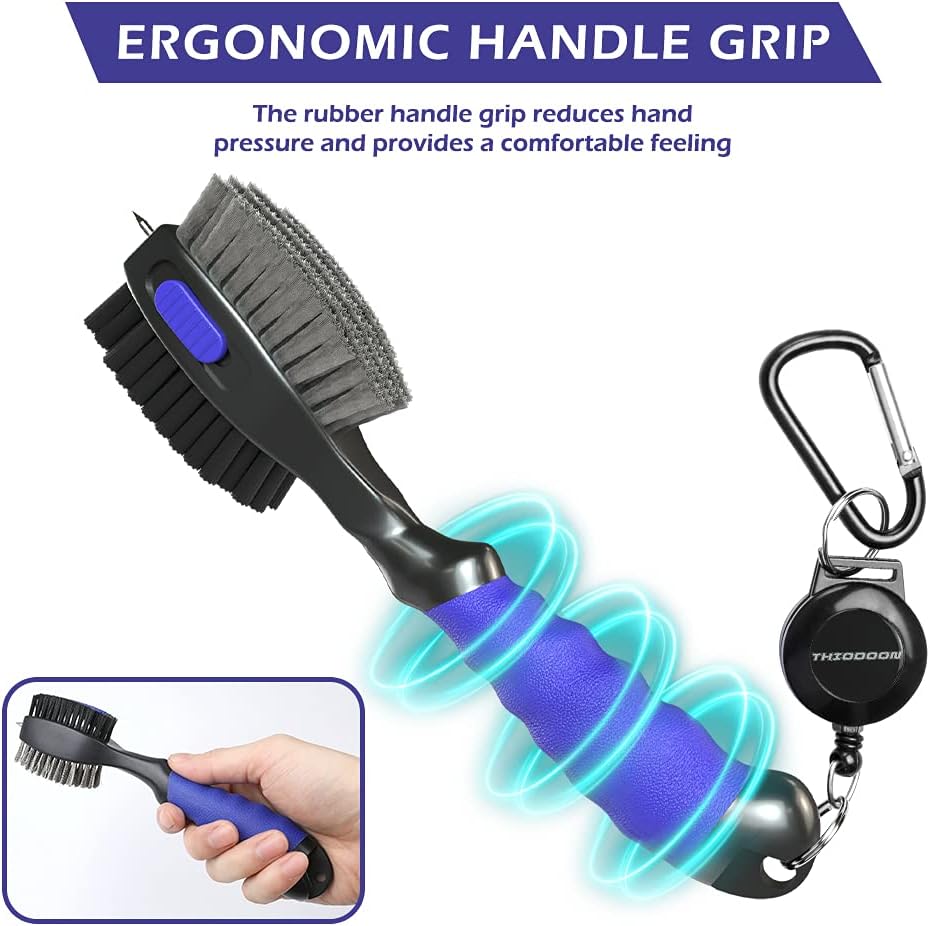 THIODOON 2 Pack Golf Club Brushes and Groove Cleaner 2 ft Retractable Zipline Carabiner Golf Brush Head with Retractable Spike Comfortable Grip Golf Club Cleaner