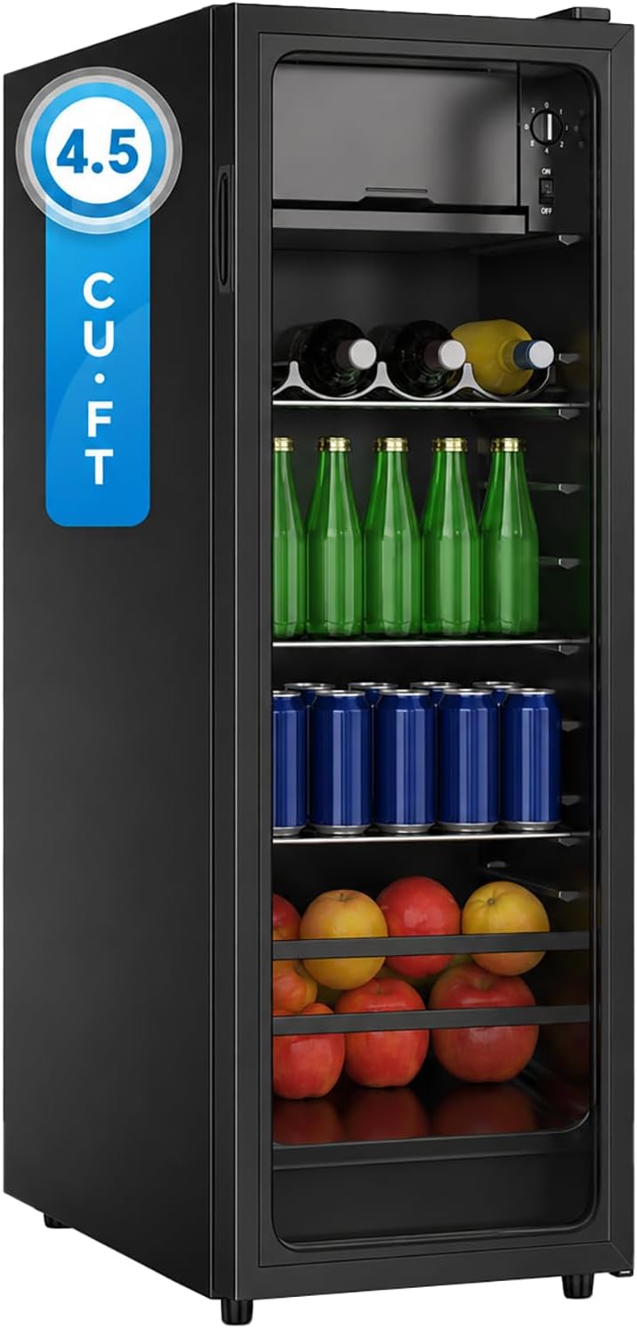 DRIXNO Beverage Refrigerator 4.5Cu.ft Mini Small Fridge 120 Cans with Glass Door Drink/Wine/Beer Cooler Office/Bar/Bedroom Compact Refrigerator
