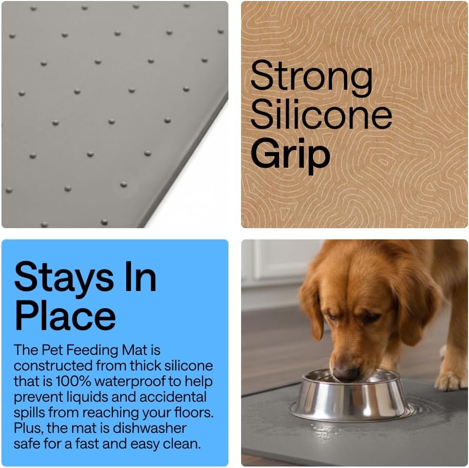 GORILLA GRIP Dog Food Mat, 100% Waterproof Silicone, 18.5x11.5 Gray