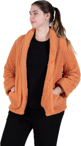 LA CERA Women's Fleece Bed Jacket - Stylish Notched Collar, Long Sleeves, Front Pockets, Button Front, Machine Washable