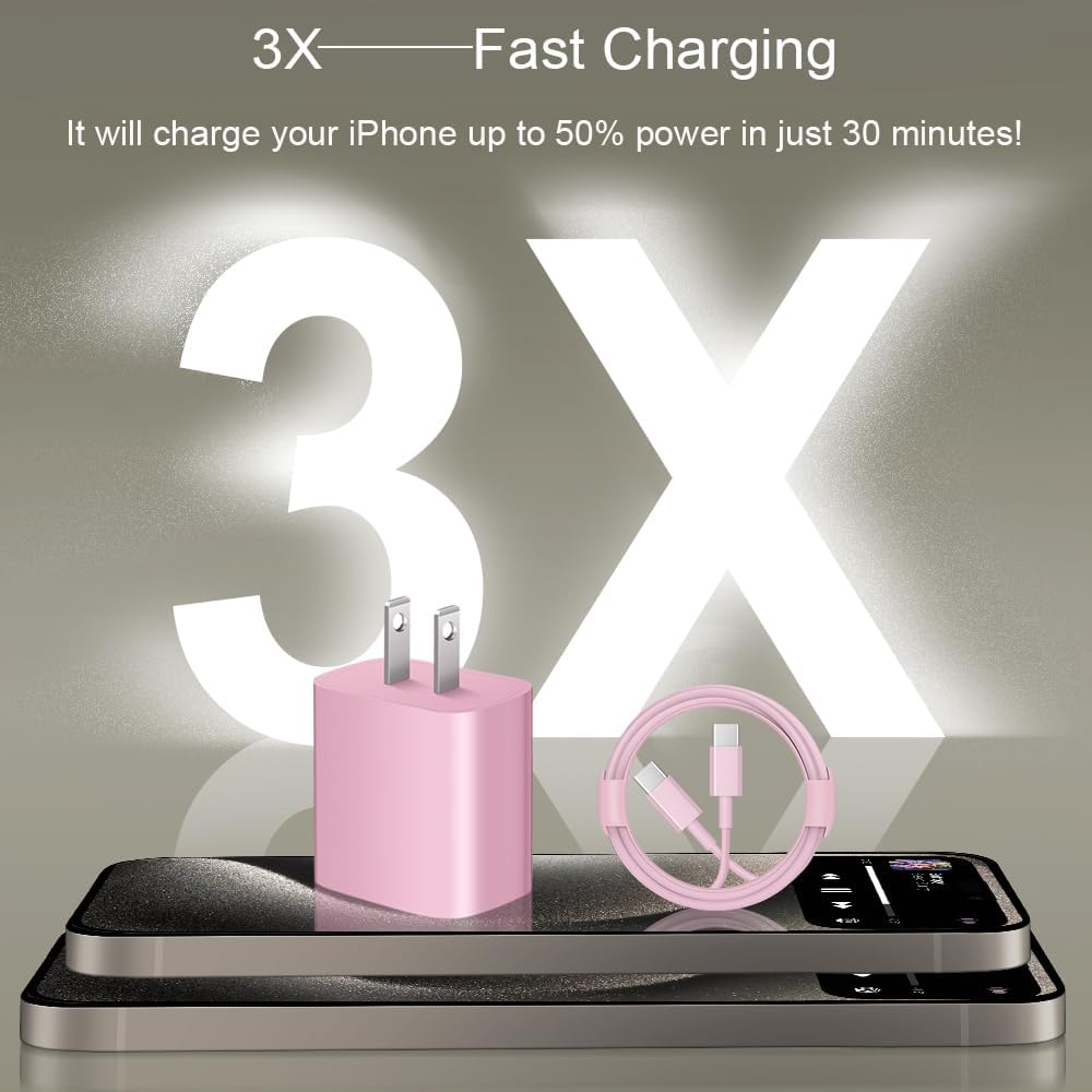 iPhone 17 16 15 Charger Fast Charging 3+3Pack 20W USB C Wall Charger with Extra Long 10FT Fast Charging Cable Compatible with iPhone 17/17 Air/17 Pro/17 Pro Max/iPhone 16/15 Series, iPad Pro-Pink