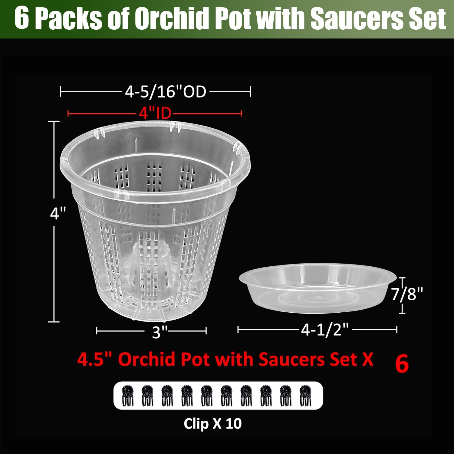 Orchid Pot with Saucers, 6 Packs of 4.3" Orchid Pots with Holes, Orchid Pots for Repotting, Plastic Orchid Planter for Indoor Outdoor Plants (6 Packs, 4.3" with Saucers)