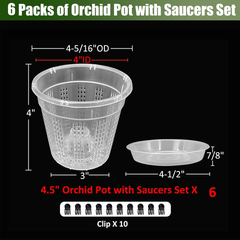 Orchid Pot with Saucers, 6 Packs of 4.3" Orchid Pots with Holes, Orchid Pots for Repotting, Plastic Orchid Planter for Indoor Outdoor Plants (6 Packs, 4.3" with Saucers)