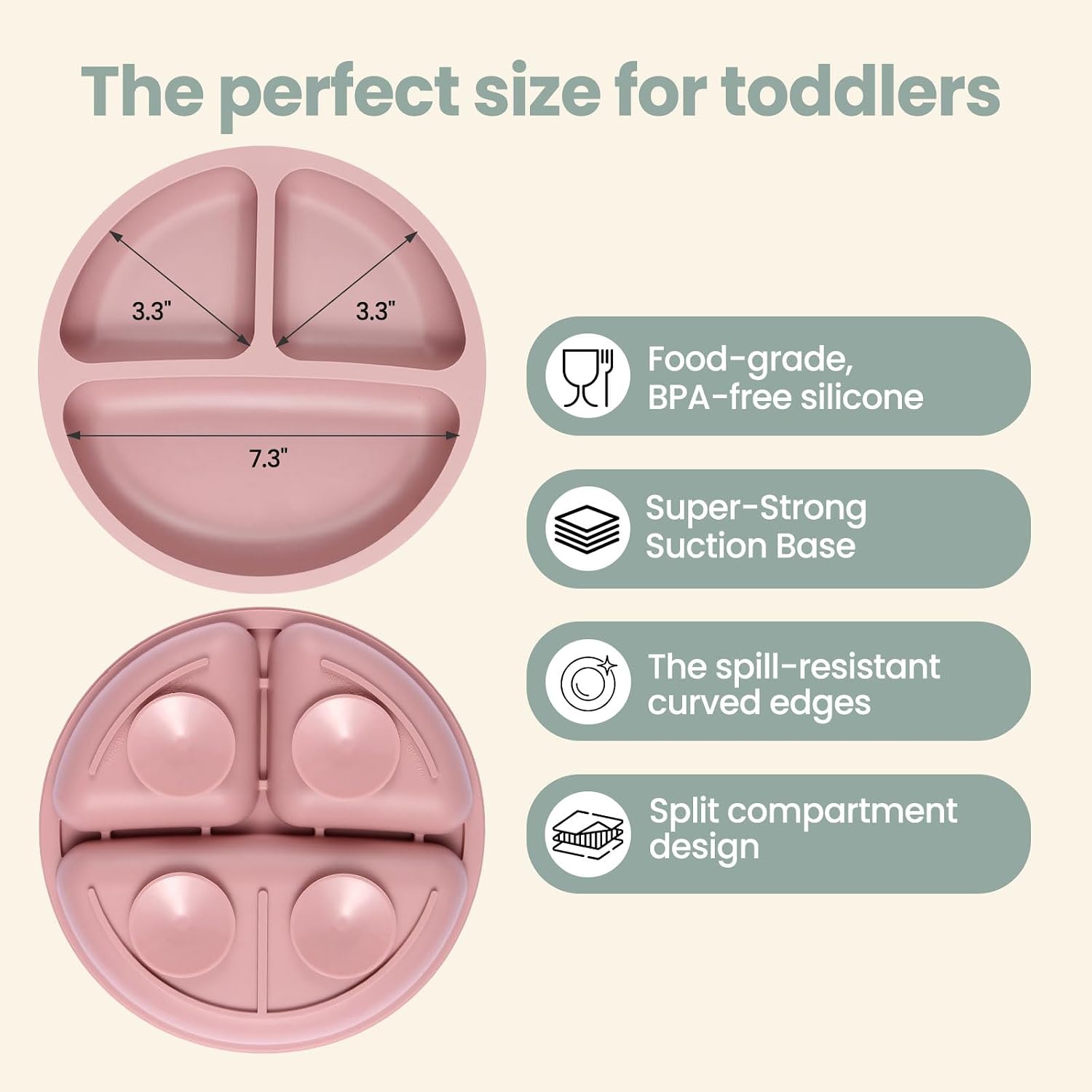 Eascrozn Toddler Plates, 3 Pack Divided Suction Plates for Baby