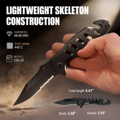 Tactical Legal Knife for Men Women - 2.68 inch Serrated Blade - Small Black Pocket Knives with Glass Breaker Seatbelt Cutter - Cool Folding Tool for Camping Work EDC - Mens Birthday Gift Ideas 6655 B