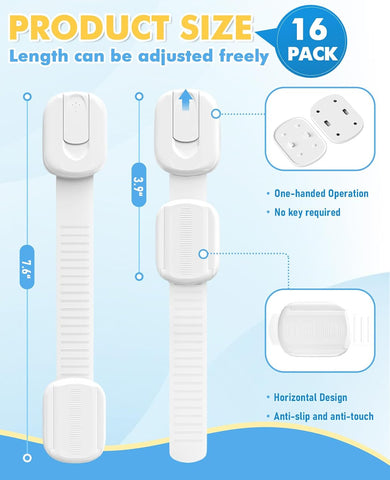 16 Pack Cabinet Locks Baby Proofing, Child Proof Cabinet Locks with 3M Adhesive - Easy Installation with Adjustable Straps, Multi-Purpose Child Safety Latches for Drawers Fridge Trash Cans Toilets