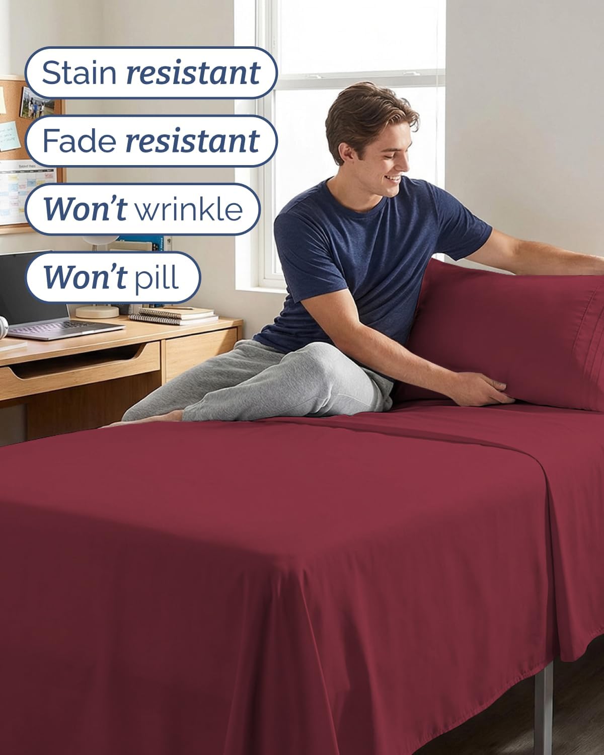 Twin XL 3 Piece Sheet Set - College Dorm Room Essentials - Burgundy