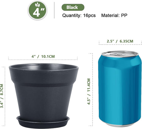 Meowell 4 inch Small Plastic Nursery Pots, 16 Pack Plant Pots for Indoor Outdoor Plants, Flower Pots with Drainage Holes and Saucers, Decorative Seedling Starter Planters for House Plants, Black